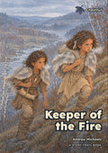 Keeper of the Fire classroom book cover: Bryn and Enid climb a frosty ridge above the river, Bryn carrying a horn