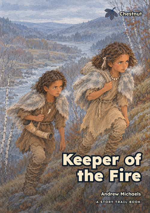 Keeper of the Fire classroom book cover: Bryn and Enid climb a frosty ridge above the river, Bryn carrying a horn
